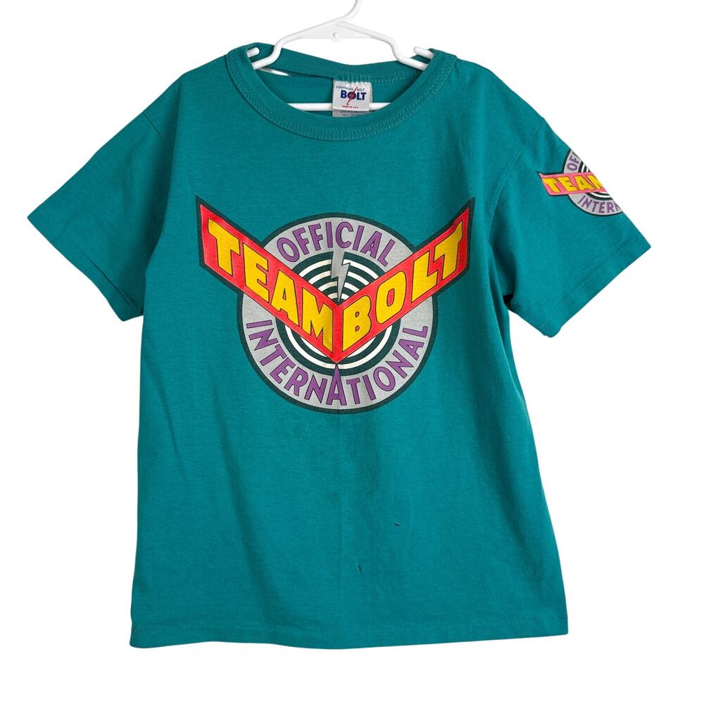 Vintage 80s Lightning Bolt Team International TShirt Blue USA Boys - M 10-12